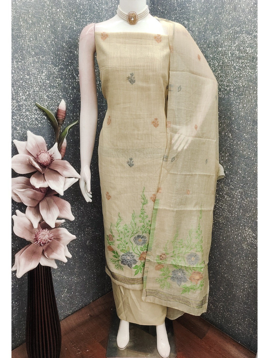 Beige Chanderi Cotton Dress Material with Floral Print and Dupatta - Image 3