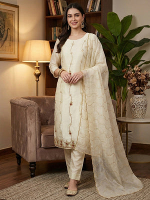 Graceful Cream Floral Beads Embroidery Work Fendy Silk Blend Dress Material - Image 1