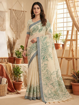 Beige Woven Cotton Blend Saree Featuring Green Floral Pattern In Jamdani Style - Image 1