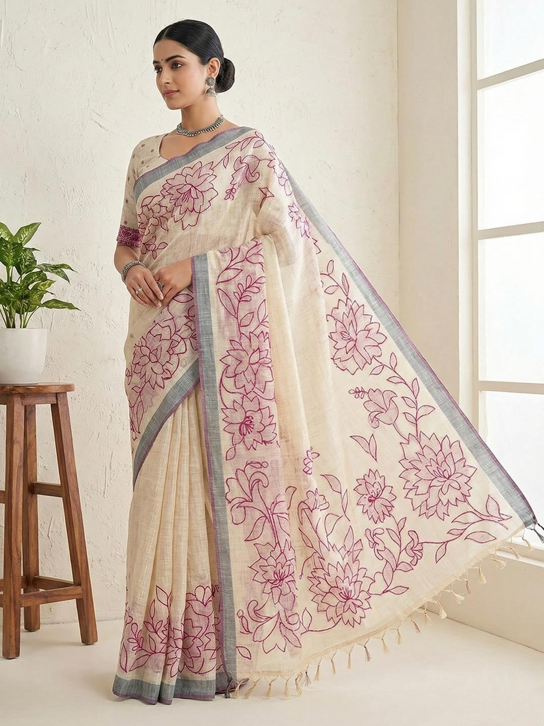 Beige Woven Cotton Blend Saree Featuring Pink Floral Pattern In Jamdani Style - Image 1