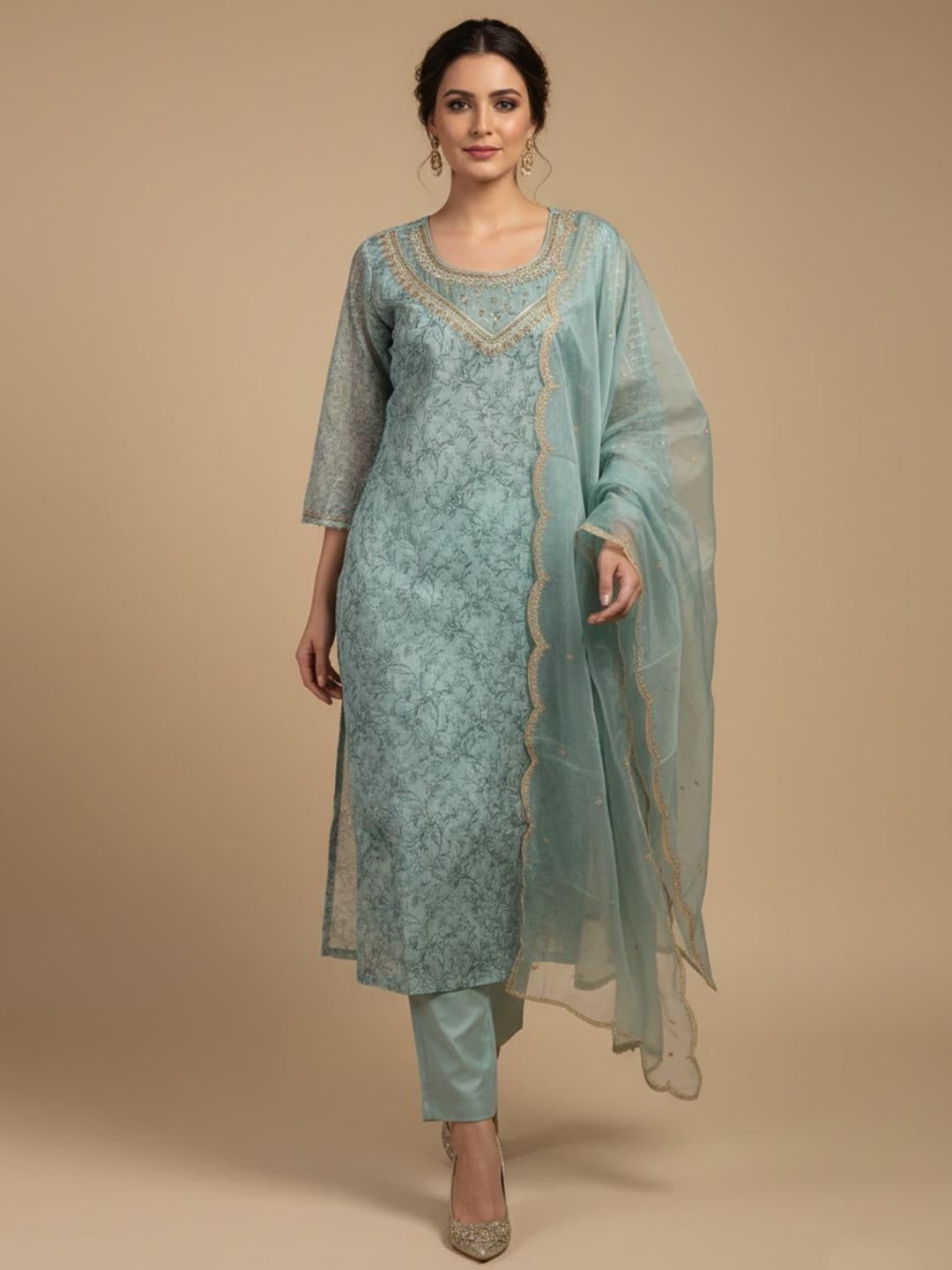 Light Sky Blue Floral Print With Zari Weaving Work Organza Straight Salwar Suit - Image 1