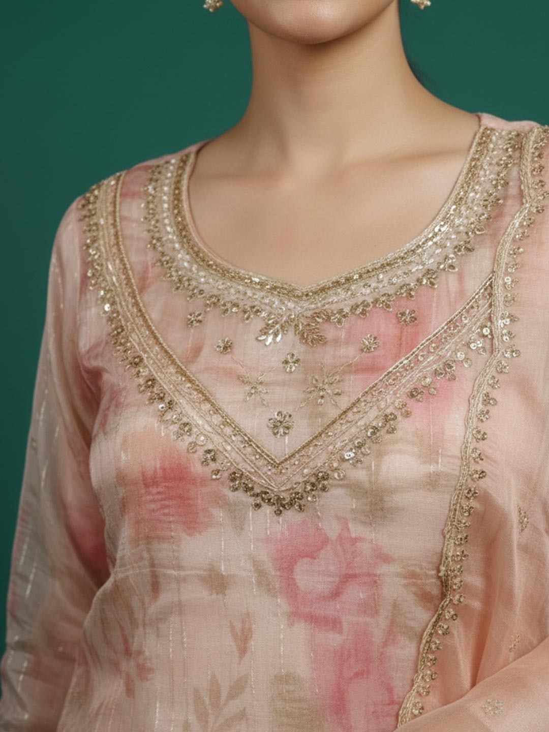 Light Peach Floral Print With Zari Weaving Work Organza Straight Salwar Suit - Image 2