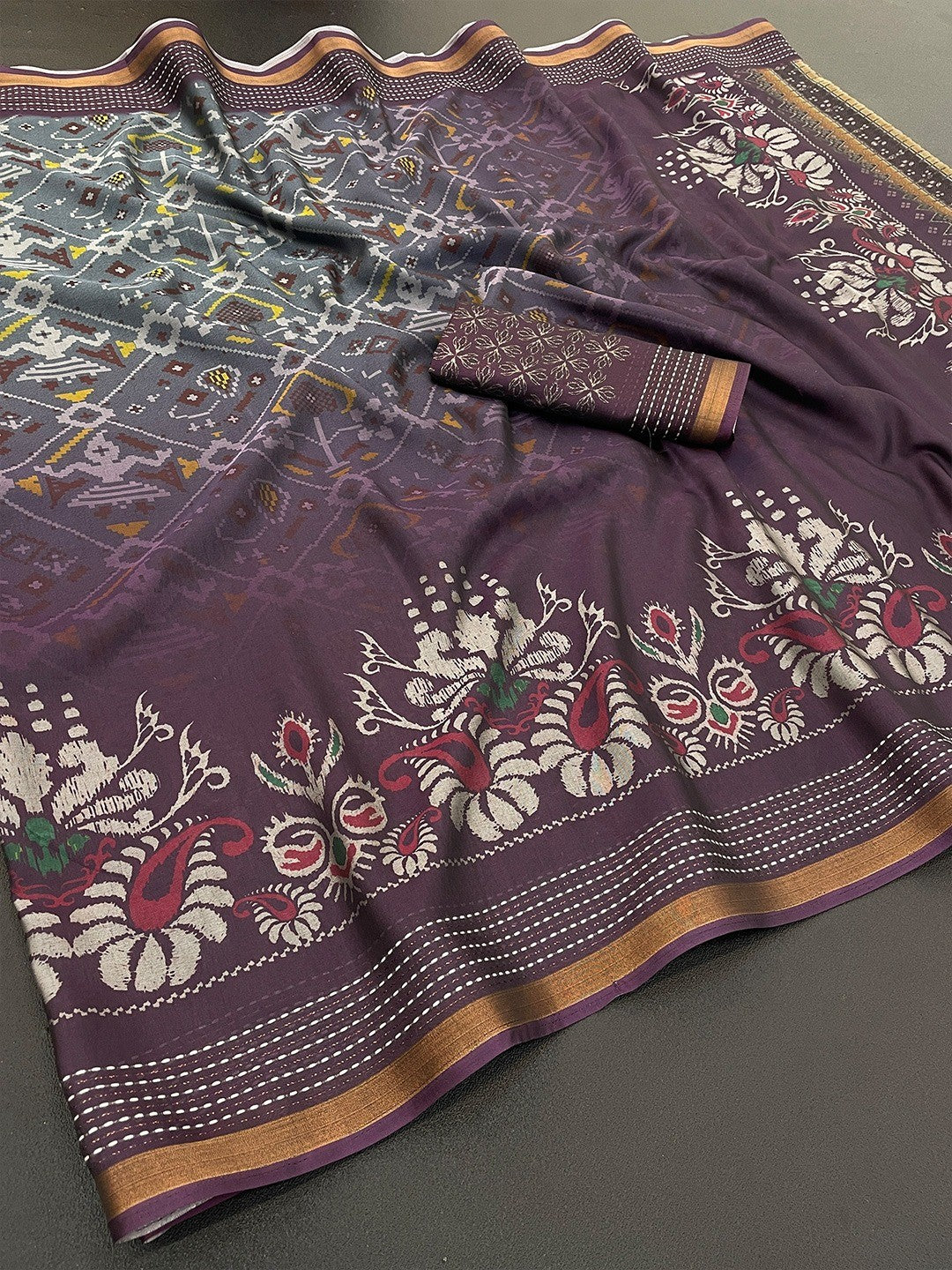 Classic Wine & Grey Digital Patola Printed Silk Blend Saree With Fine Zari Woven Border - Image 2