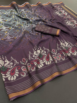 Classic Wine & Grey Digital Patola Printed Silk Blend Saree With Fine Zari Woven Border - Image 2