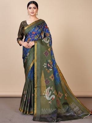 Classic Mehendi Green & Blue Digital Patola Printed Silk Blend Saree With Fine Zari Woven Border - Image 1
