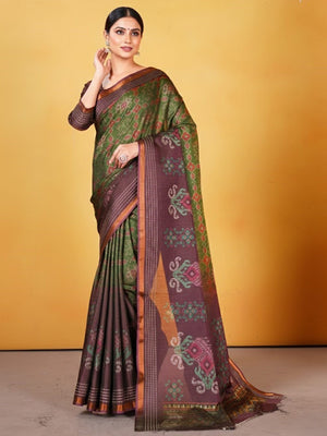 Classic Wine & Mehendi Green Digital Patola Printed Silk Blend Saree With Fine Zari Woven Border - Image 1