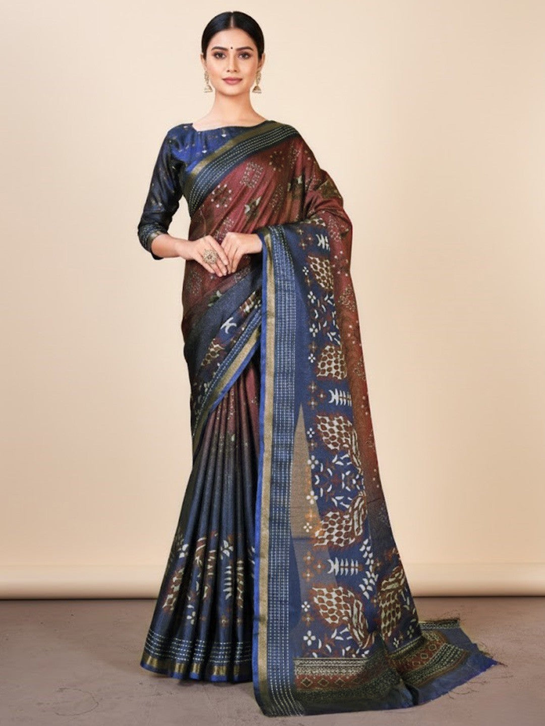 Classic Navy Blue & Maroon Digital Patola Printed Silk Blend Saree With Fine Zari Woven Border - Image 1