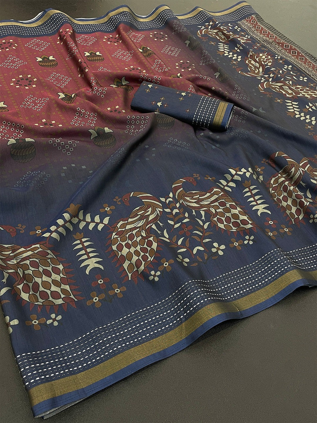 Classic Navy Blue & Maroon Digital Patola Printed Silk Blend Saree With Fine Zari Woven Border - Image 2