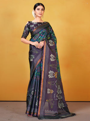 Classic Wine & Navy Blue Digital Patola Printed Silk Blend Saree With Fine Zari Woven Border - Image 1