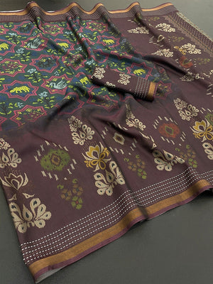 Classic Wine & Navy Blue Digital Patola Printed Silk Blend Saree With Fine Zari Woven Border - Image 2