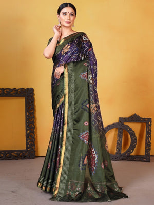 Classic Mehendi Green & Purple Digital Patola Printed Silk Blend Saree With Fine Zari Woven Border - Image 1