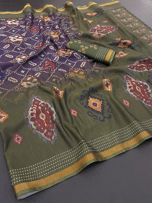 Classic Mehendi Green & Purple Digital Patola Printed Silk Blend Saree With Fine Zari Woven Border - Image 2