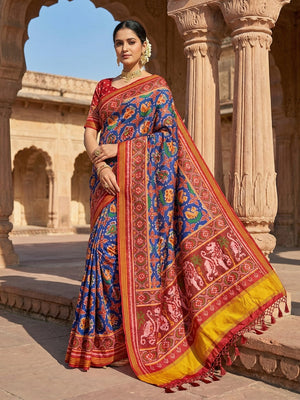 Exquisite Blue Patola Print Handloom Silk Saree with Handcrafted Tassel Detailing - Image 1
