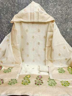 Luxurious Cream Banarasi Silk Dress Material With Floral Weaving Jacquard & Meenakari Artistry - Image 2