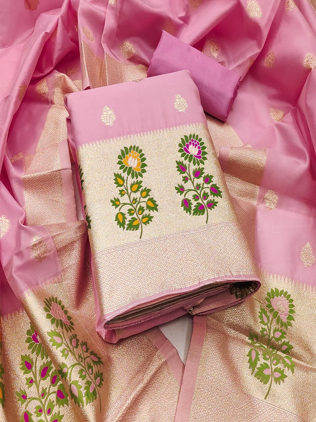 Luxurious Pink Banarasi Silk Dress Material With Floral Weaving Jacquard & Meenakari Artistry - Image 1