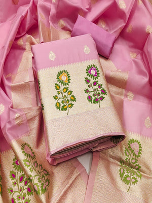 Luxurious Pink Banarasi Silk Dress Material With Floral Weaving Jacquard & Meenakari Artistry - Image 1