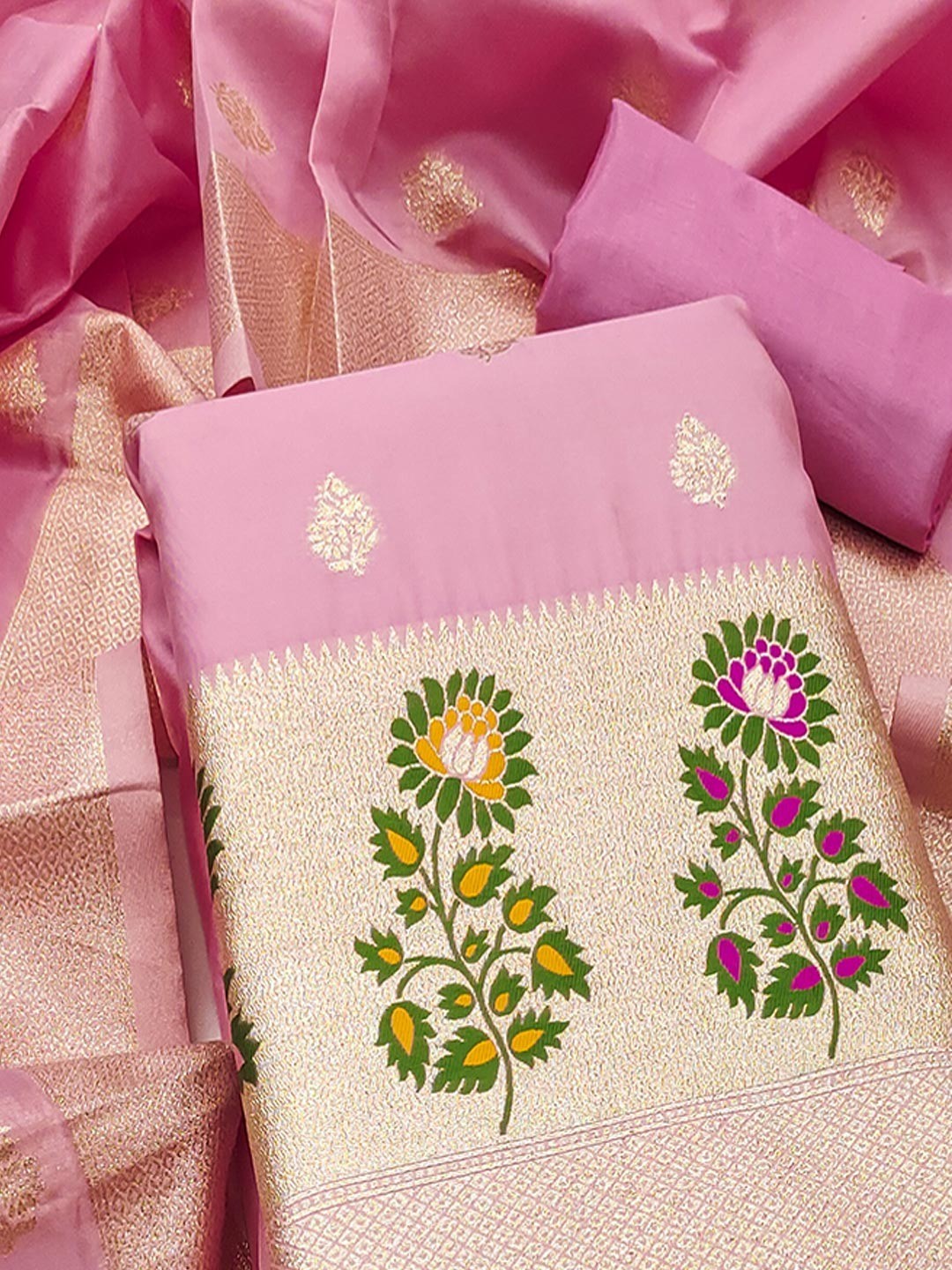 Luxurious Pink Banarasi Silk Dress Material With Floral Weaving Jacquard & Meenakari Artistry - Image 5