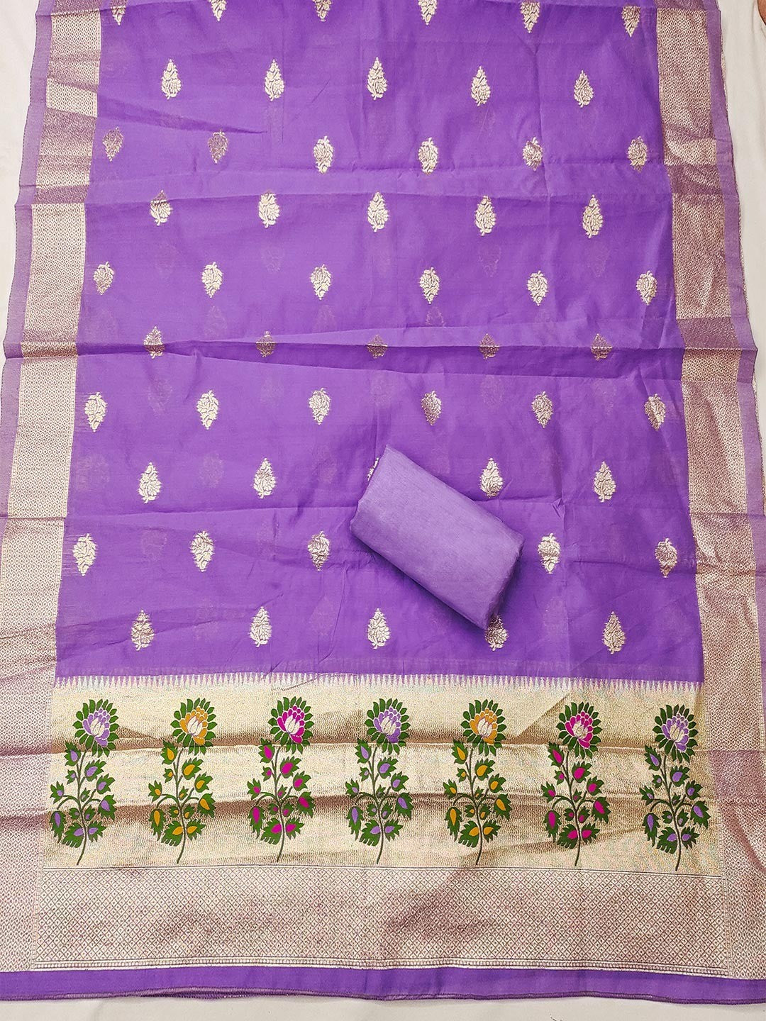 Luxurious Lavender Banarasi Silk Dress Material With Floral Weaving Jacquard & Meenakari Artistry - Image 3