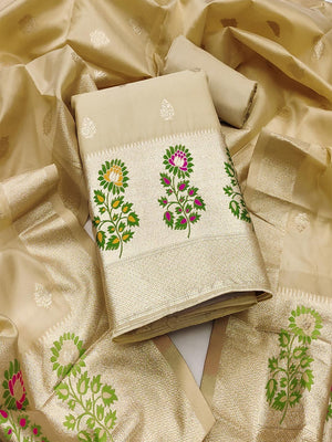 Luxurious Chikoo Banarasi Silk Dress Material With Floral Weaving Jacquard & Meenakari Artistry - Image 1