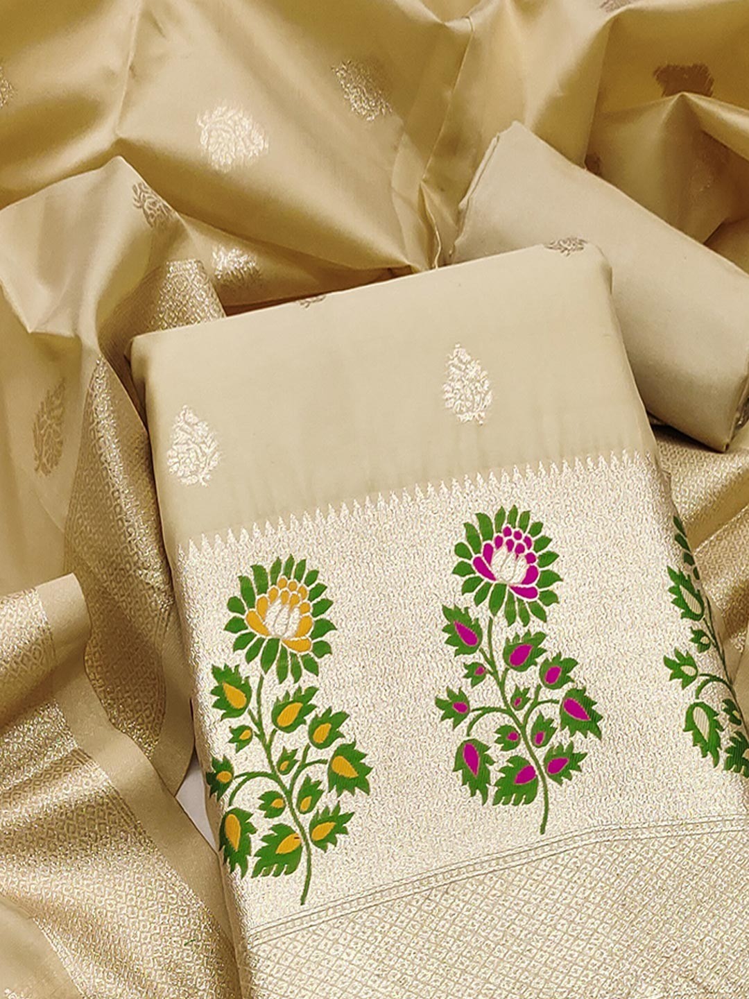 Luxurious Chikoo Banarasi Silk Dress Material With Floral Weaving Jacquard & Meenakari Artistry - Image 5