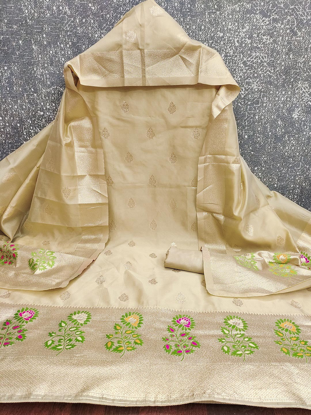 Luxurious Chikoo Banarasi Silk Dress Material With Floral Weaving Jacquard & Meenakari Artistry - Image 2