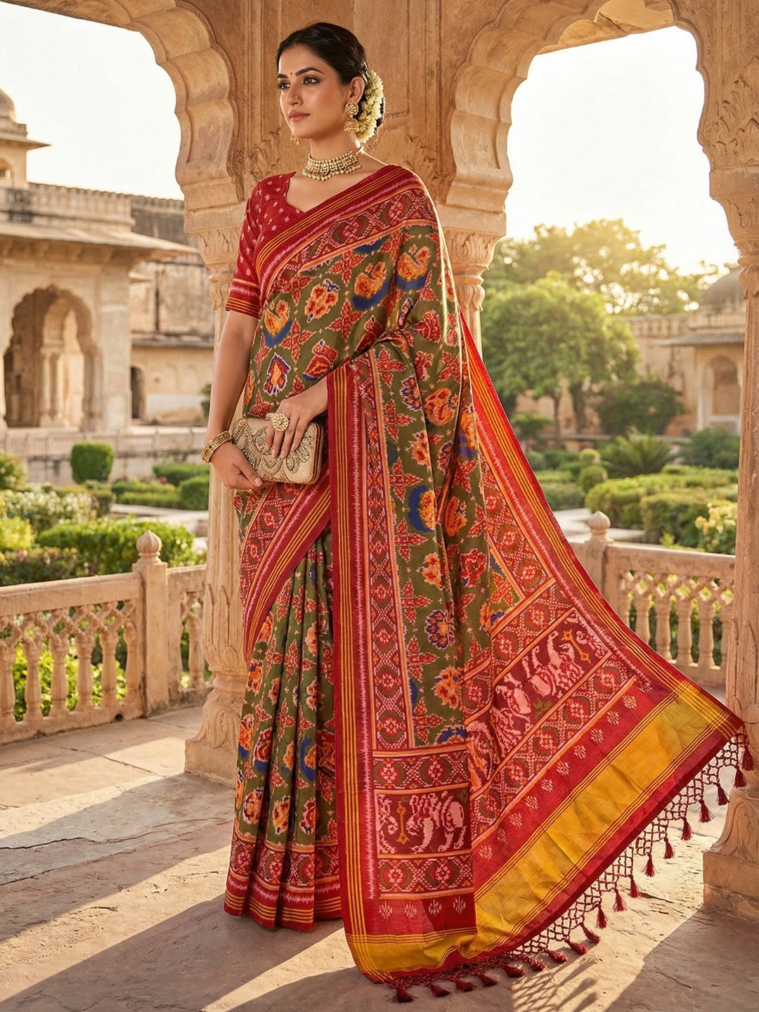 Exquisite Mehendi Green Patola Print Handloom Silk Saree with Handcrafted Tassel Detailing - Image 1