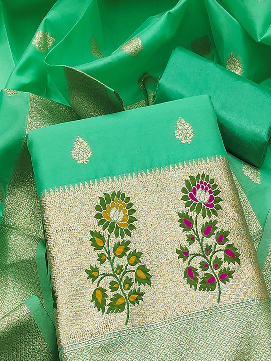 Luxurious Sea Green Banarasi Silk Dress Material With Floral Weaving Jacquard & Meenakari Artistry - Image 5
