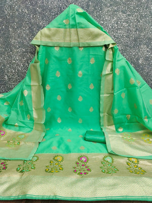 Luxurious Sea Green Banarasi Silk Dress Material With Floral Weaving Jacquard & Meenakari Artistry - Image 2