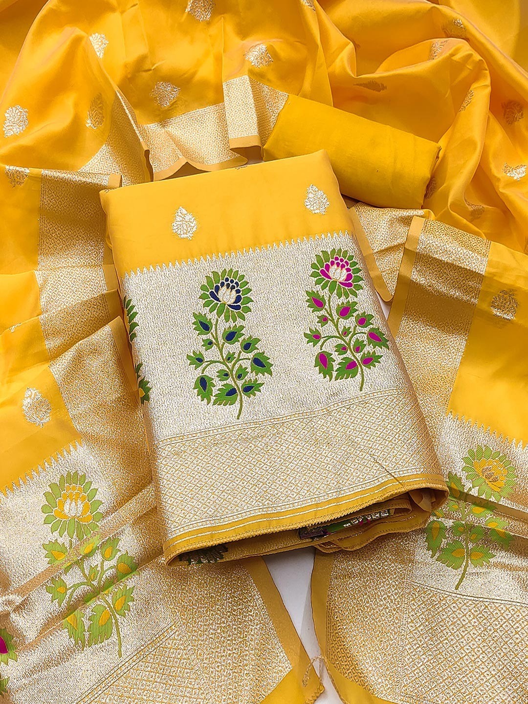 Luxurious Yellow Banarasi Silk Dress Material With Floral Weaving Jacquard & Meenakari Artistry - Image 1
