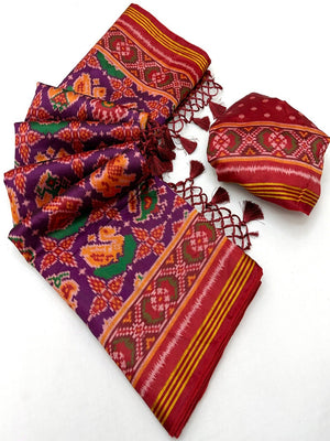 Exquisite Purple Patola Print Handloom Silk Saree with Handcrafted Tassel Detailing - Image 2
