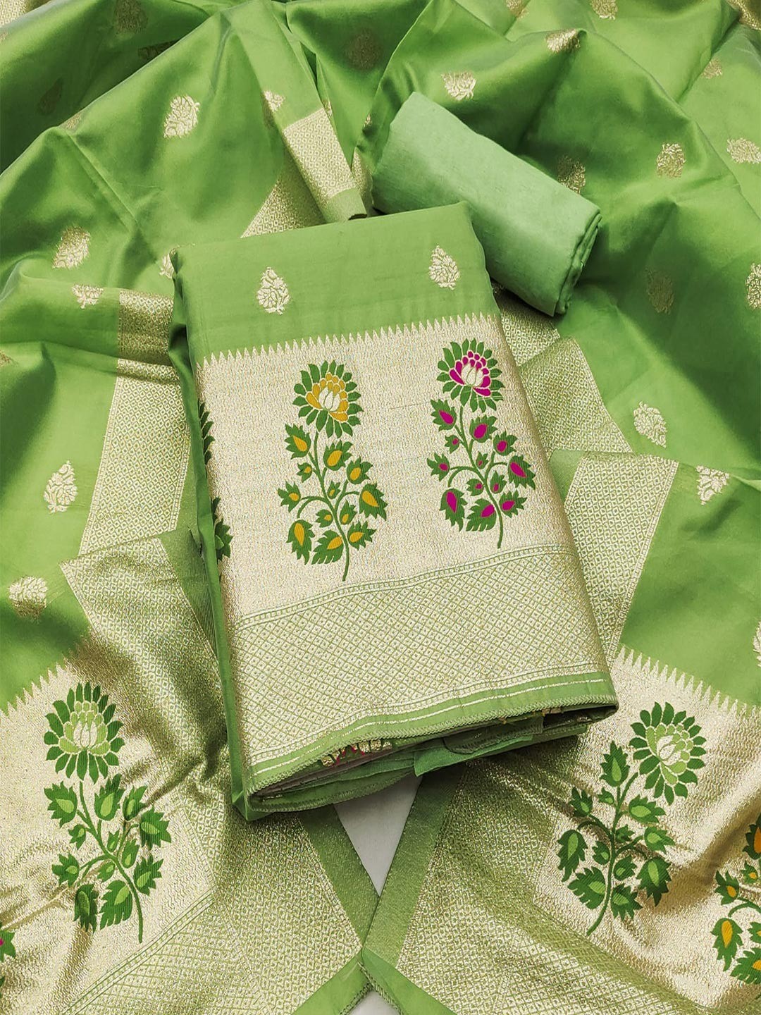 Luxurious Green Banarasi Silk Dress Material With Floral Weaving Jacquard & Meenakari Artistry - Image 1