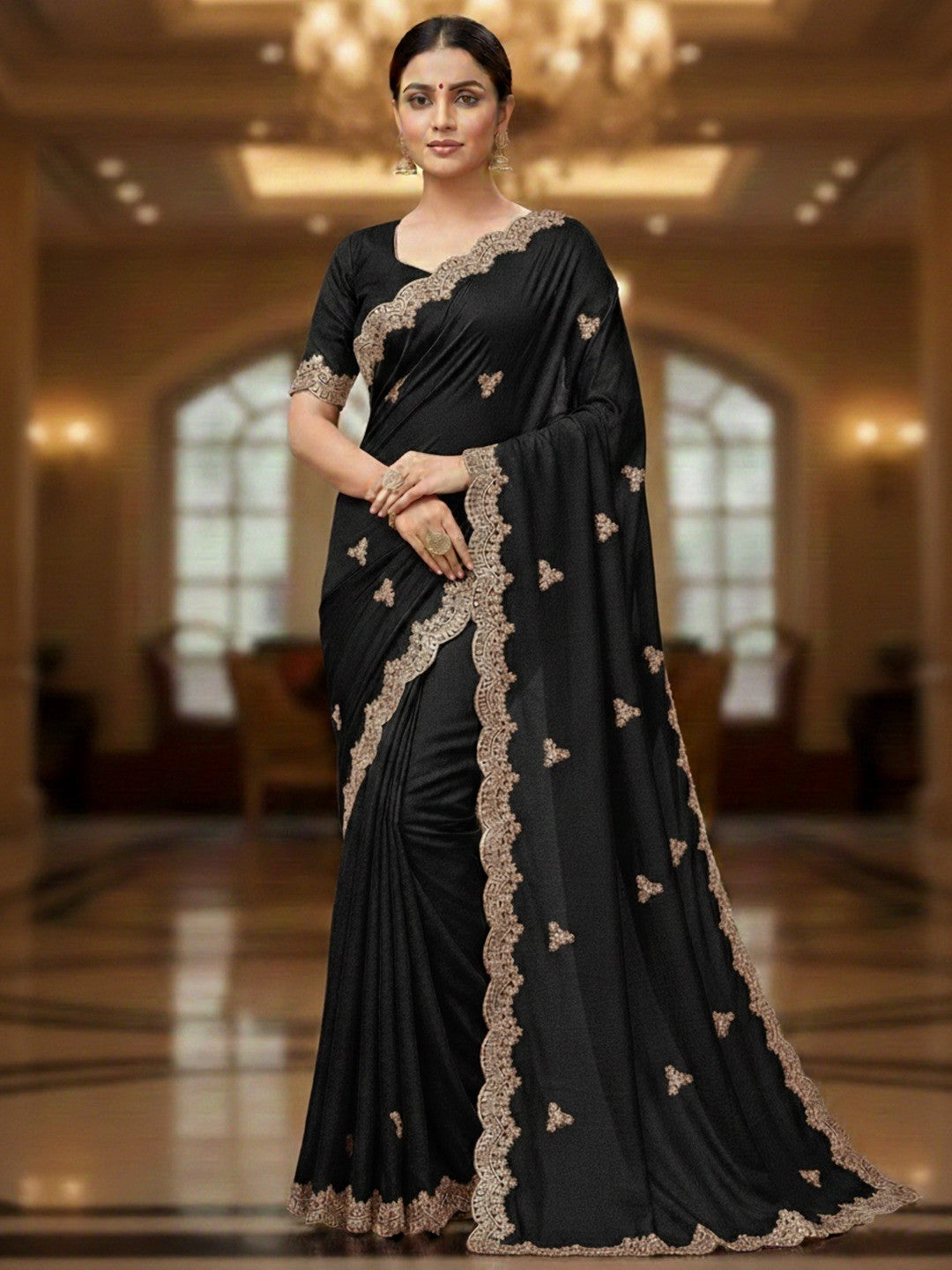 Elegant Black Floral Zari Embroidered Vichitra Silk Saree Enhanced With Shimmering Sequins Work - Image 1