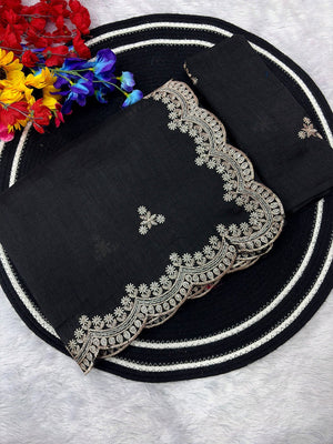 Elegant Black Floral Zari Embroidered Vichitra Silk Saree Enhanced With Shimmering Sequins Work - Image 2