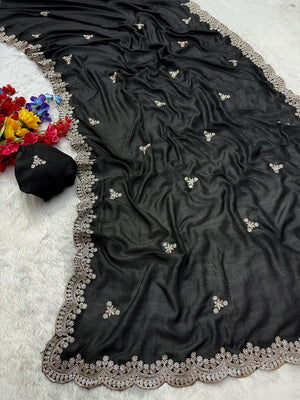 Elegant Black Floral Zari Embroidered Vichitra Silk Saree Enhanced With Shimmering Sequins Work - Image 2