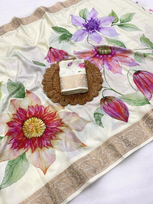 Cream Floral Printed Dola Silk Saree with Golden Border - Image 2