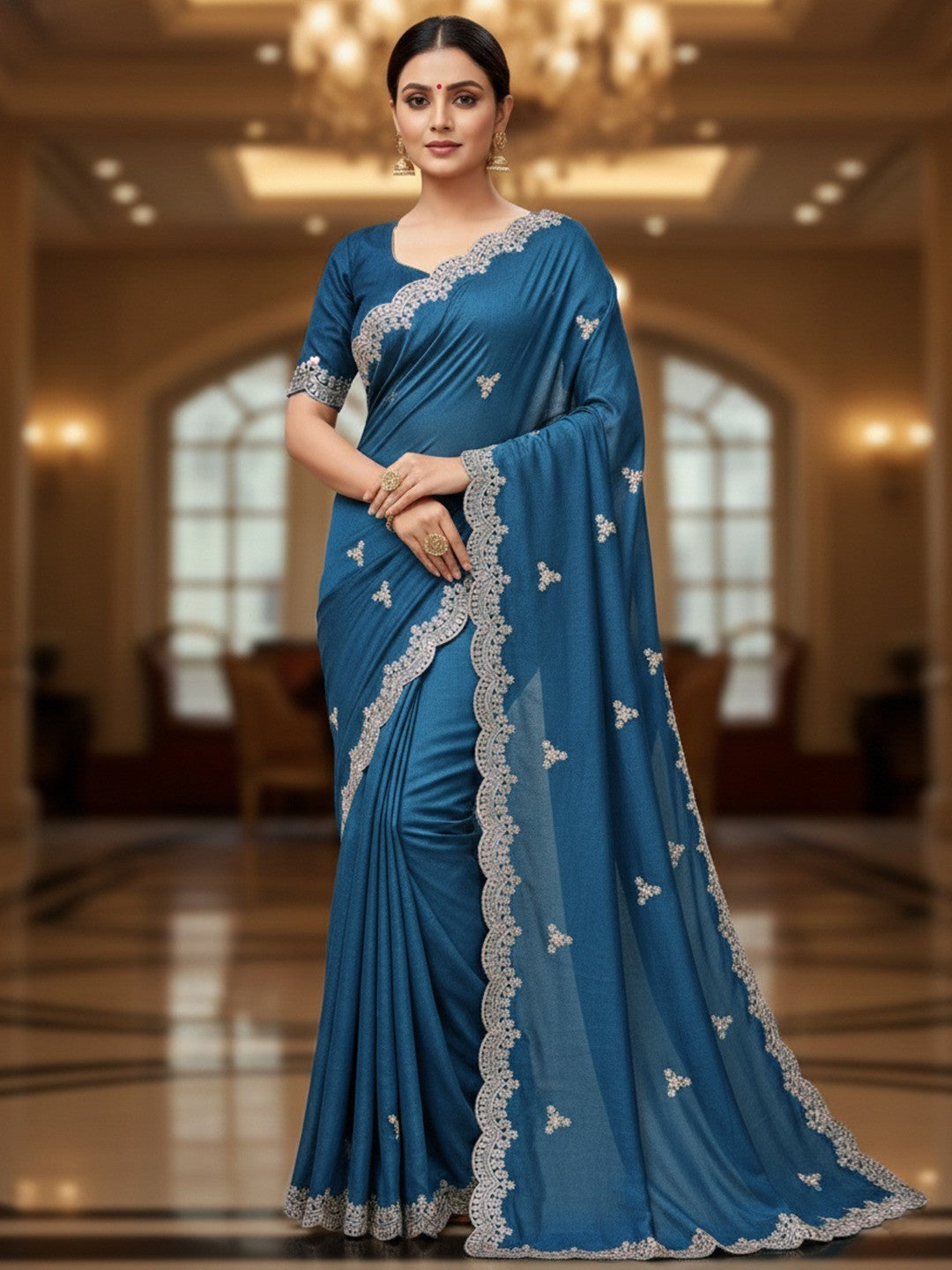 Elegant Blue Floral Zari Embroidered Vichitra Silk Saree Enhanced With Shimmering Sequins Work - Image 1