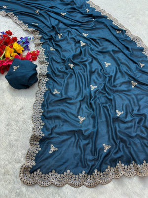 Elegant Blue Floral Zari Embroidered Vichitra Silk Saree Enhanced With Shimmering Sequins Work - Image 2