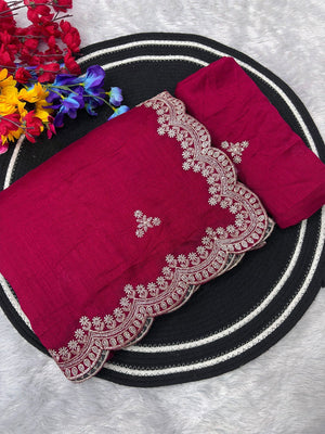 Elegant Rani Pink Floral Zari Embroidered Vichitra Silk Saree Enhanced With Shimmering Sequins Work - Image 2