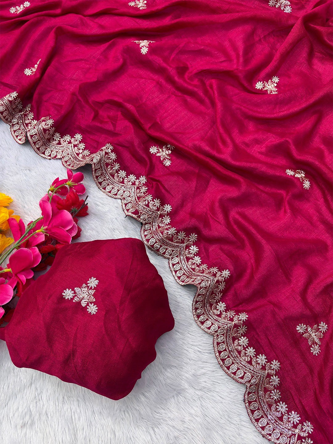 Elegant Rani Pink Floral Zari Embroidered Vichitra Silk Saree Enhanced With Shimmering Sequins Work - Image 4