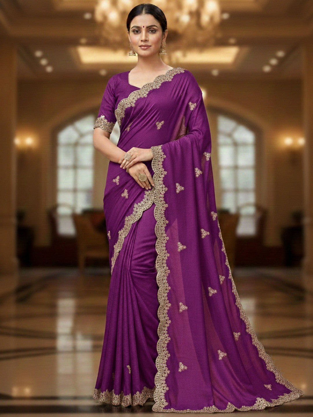 Elegant Purple Floral Zari Embroidered Vichitra Silk Saree Enhanced With Shimmering Sequins Work - Image 1