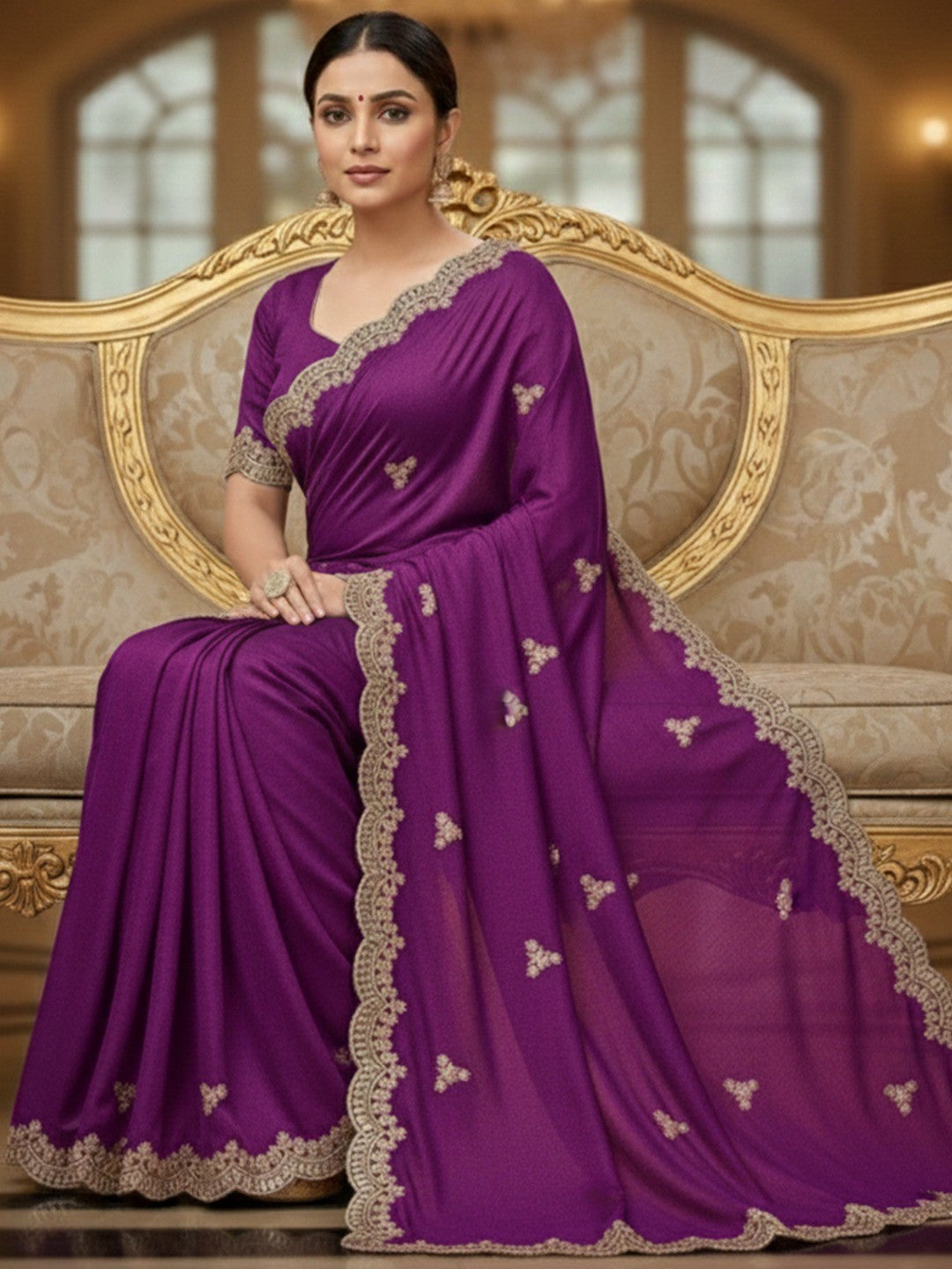 Elegant Purple Floral Zari Embroidered Vichitra Silk Saree Enhanced With Shimmering Sequins Work - Image 5