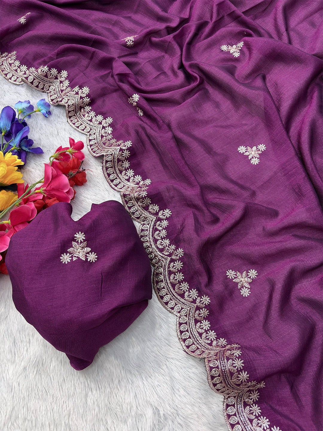 Elegant Purple Floral Zari Embroidered Vichitra Silk Saree Enhanced With Shimmering Sequins Work - Image 4