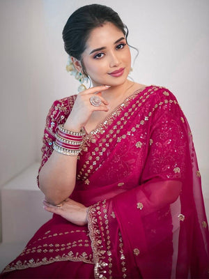 Luxurious Rani Pink Floral Zari Embroidered Satin Saree Accented With Fine Sequins Work - Image 2
