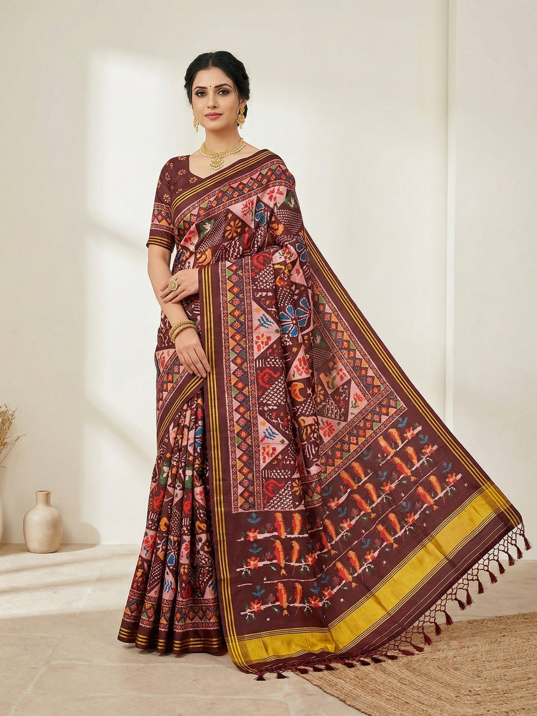 Brown Handloom Silk Saree with Ethnic Traditional Patola Pattern for Special Occasions - Image 1