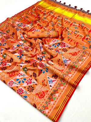 Orange Handloom Silk Saree with Ethnic Traditional Patola Pattern for Special Occasions - Image 2
