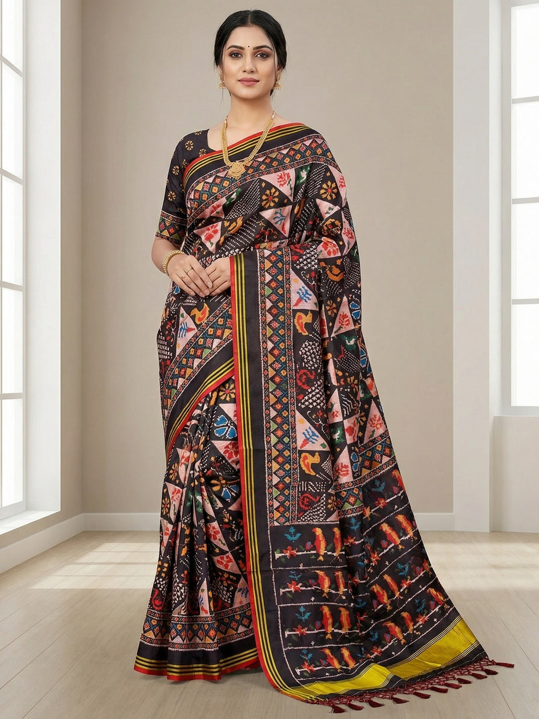 Black Handloom Silk Saree with Ethnic Traditional Patola Pattern for Special Occasions - Image 1