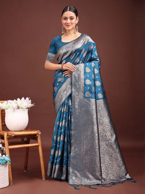 Teal Banarasi Silk Saree with Intricate Silver Zari Weaving for Festive Elegance - Image 1