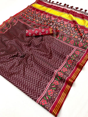 Traditional Brown Patola Print Handloom Silk Saree with Pallu Tassel Detailing - Image 2