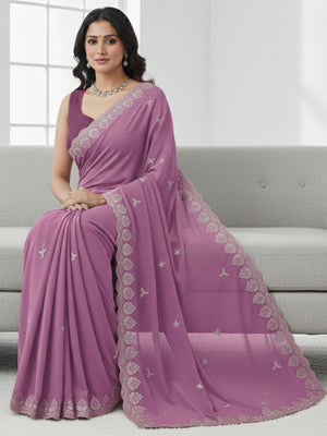 Graceful Onion Pink Georgette Saree Featuring Floral Zari Embroidery & Delicate Sequins Work - Image 1