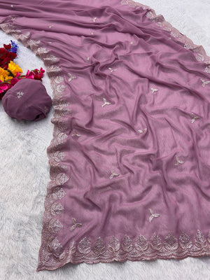 Graceful Onion Pink Georgette Saree Featuring Floral Zari Embroidery & Delicate Sequins Work - Image 2